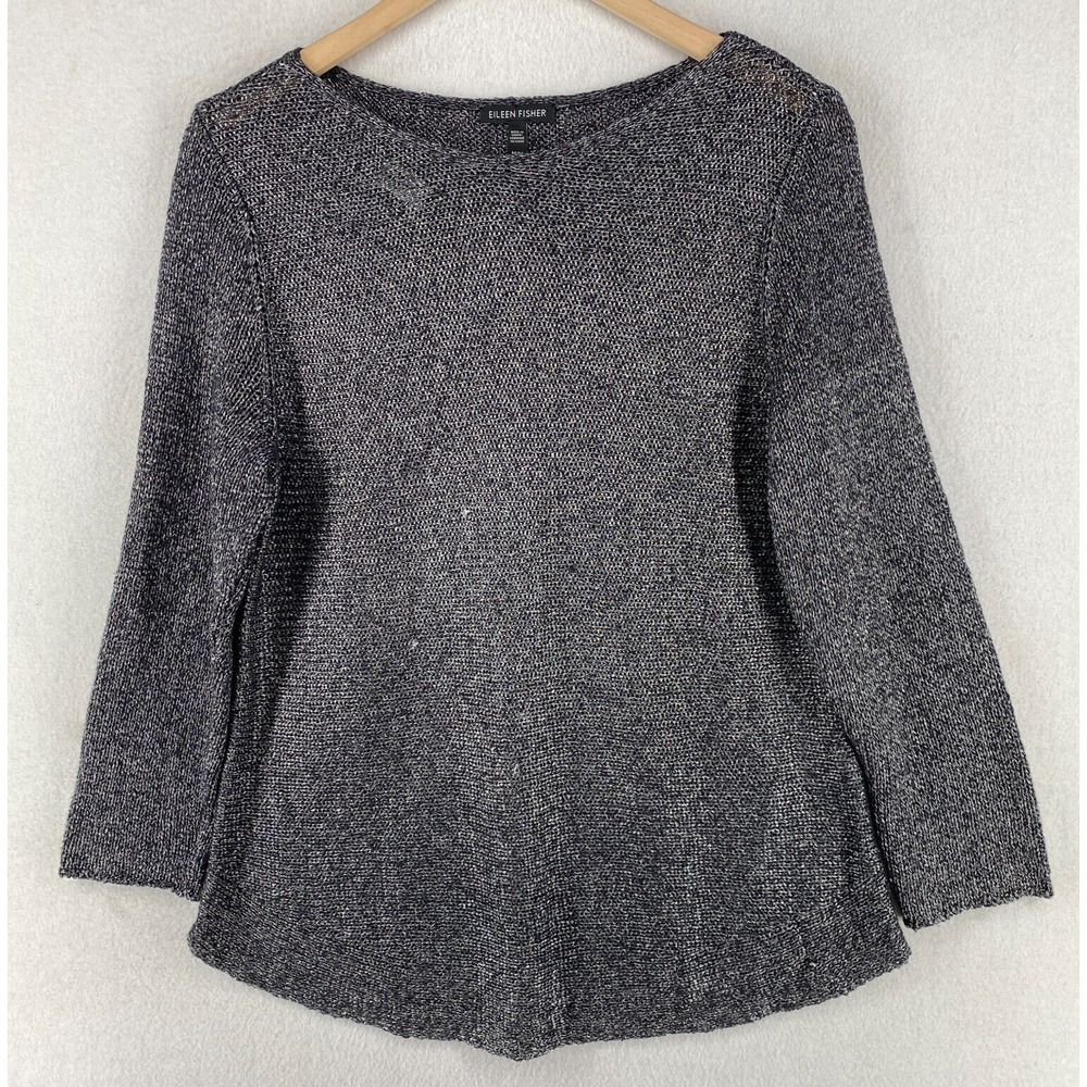 EILEEN FISHER Sweater M Linen Blend Marled Boat Neck Long Sleeve Pullover Gray